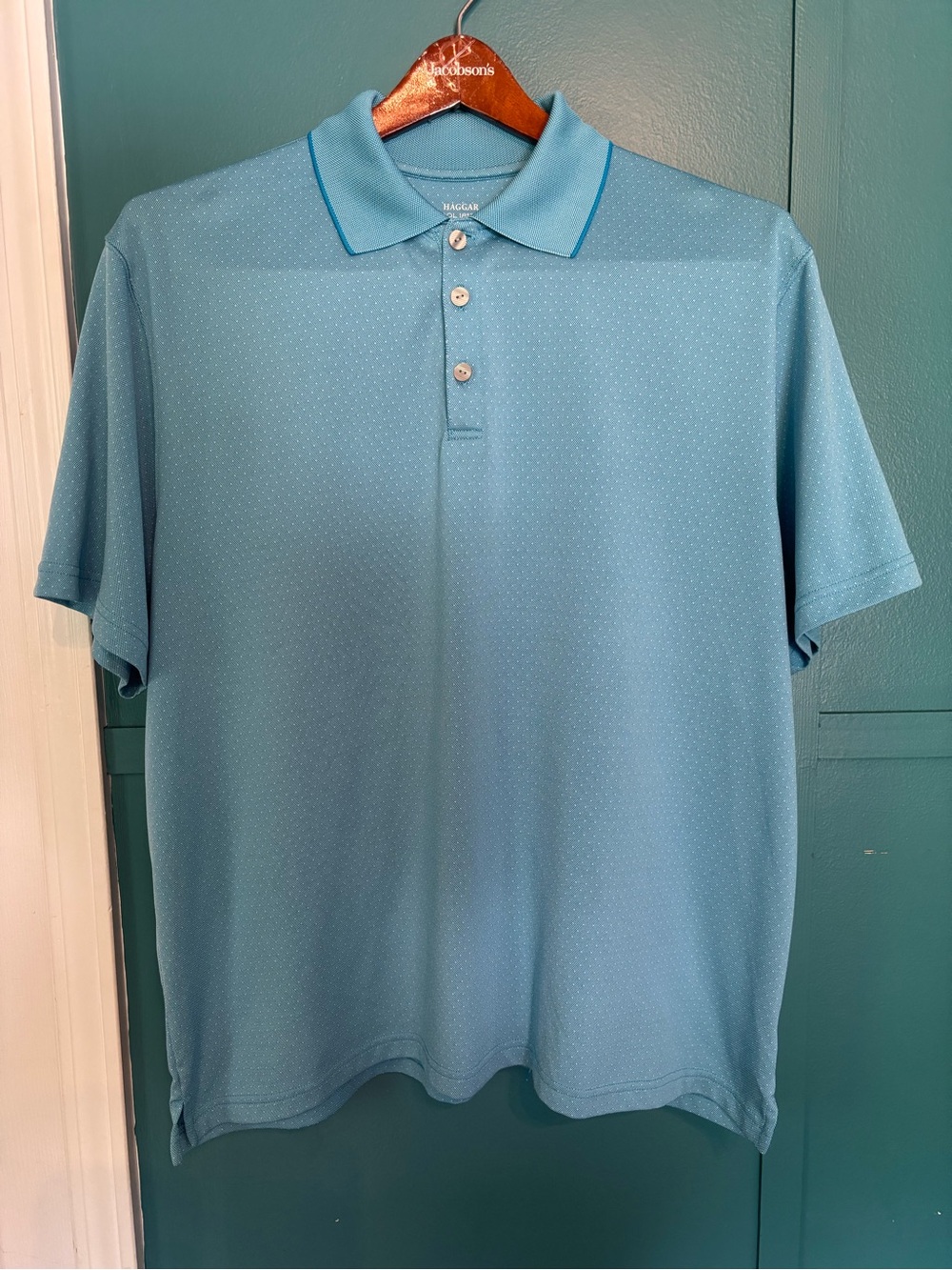 Haggar Cool 18 Tec Men’s Light Blue Polo Shirt with Diamond Pattern Size XL